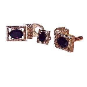 Vintage 1980's SWANK Chunky Goldtone Garnet Cufflink & Tietac Tiepin Set